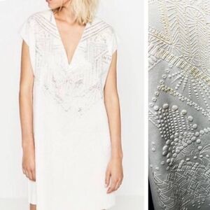 Zara Collection Cream Textured V-neck Mini Dress Raised design